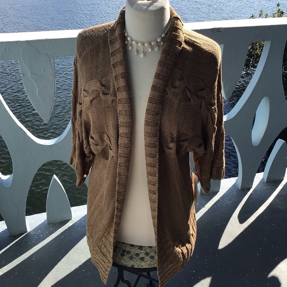 Dana Buchman Cozy Portabella Brown Cable Knit Open Cardigan 3/4 Sleeve NWT